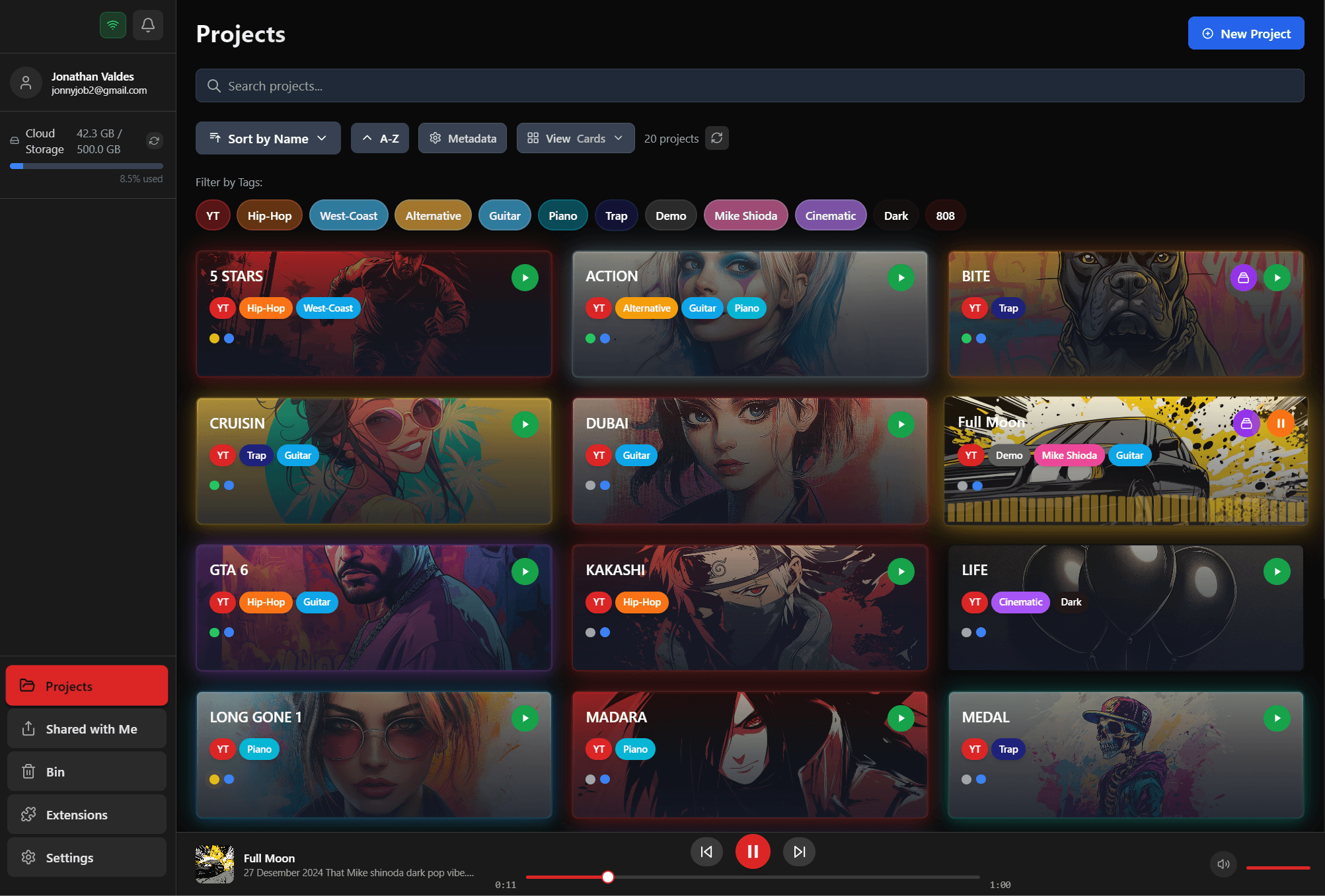 Cadencea Vault project library with album art, tags and a playback bar