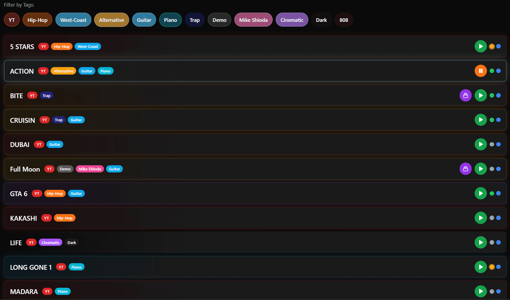 Cadencea Vault compact list view of a large project library